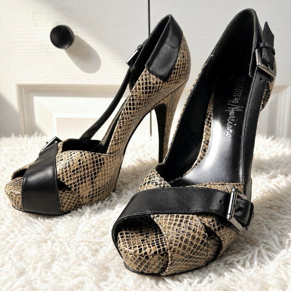 Marciano by Guess Y2K Snakeskin Platform Stiletto Heels Peep Toe Buckle Pumps